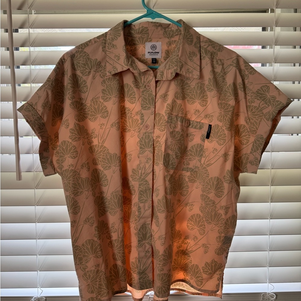 Women's Pink and Green Leaf Print Button Down Shirt